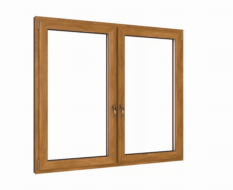 Zwei klare Fenster mit Holzrahmen und goldenen Griffen.